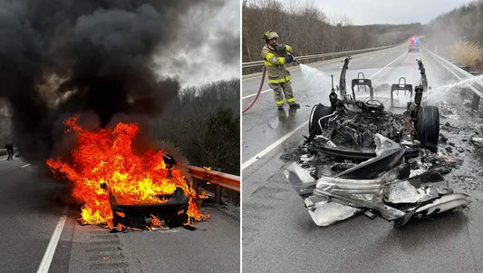 een foto van voor en na van een EV die in de brand staat en daarna geblust is door de brandweer